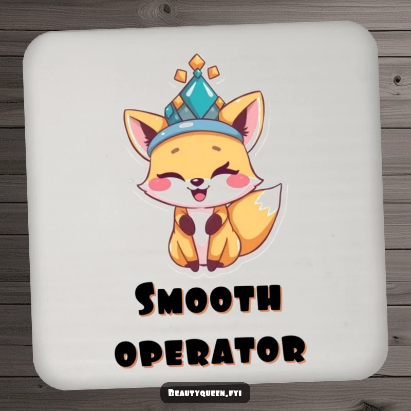 Funny happy fox wearing a bejeweled hat and winking, featured as a stylish and humorous drink coaster.