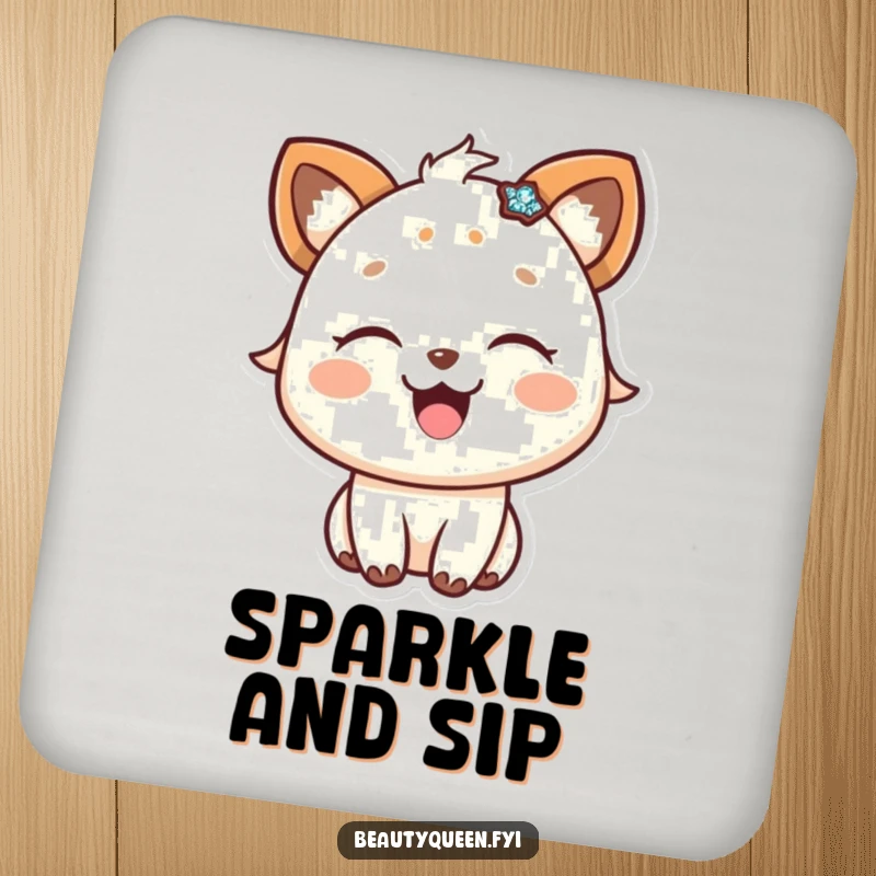 Funny drink coaster featuring a happy animal with eyes closed in delight, wearing a sparkly accessory.