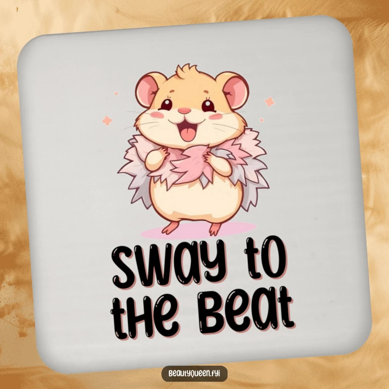 Funny Hamster Coaster: Protective coaster featuring a squeaking hamster wearing a feathered boa and dancing happily, offering fun humor.