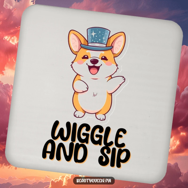 Funny corgi in a sequined top hat dancing on protective drink coasters, adding charm and humor.
