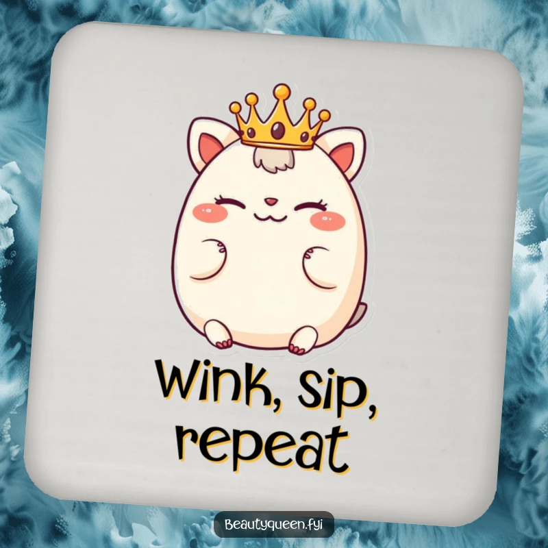 Funny coaster with a chubby animal character wearing a tiny crown, winking playfully, offering charming table protection.