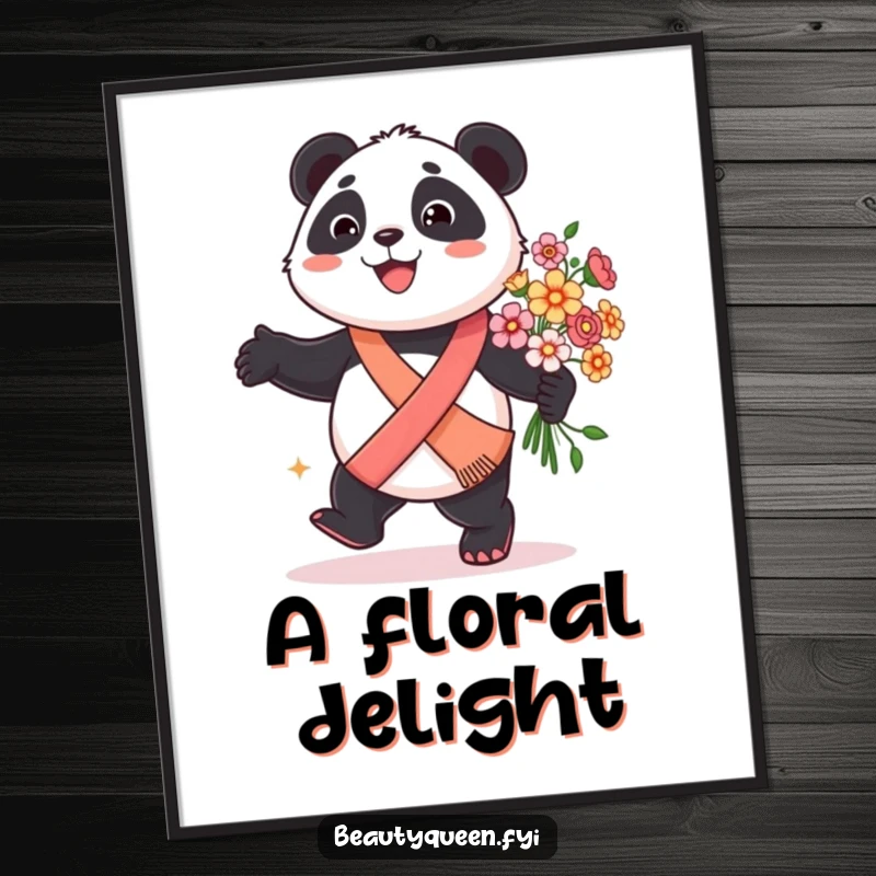 Funny panda poster featuring a smiling panda wearing a decorative sash, prancing happily with a beautiful bouquet of flowers.