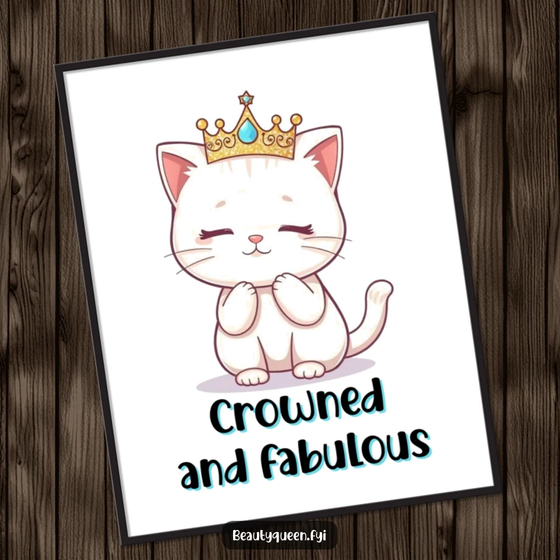 Funny poster art of a kawaii cat wearing a glittering crown, performing a graceful curtsy.