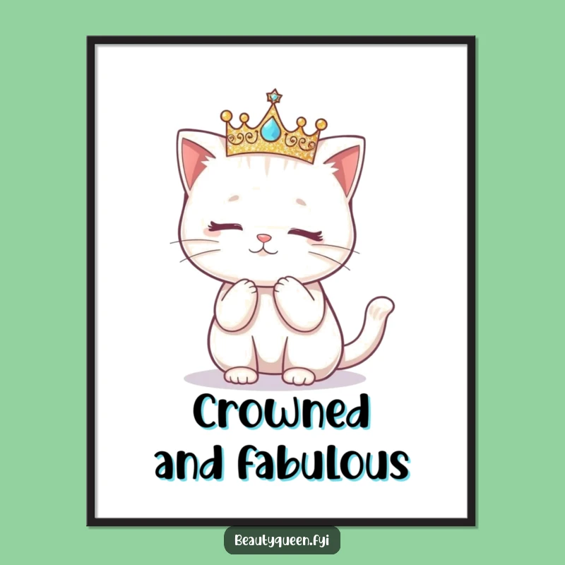 Funny Kawaii Cat Crown Curtsy Poster: Regal Feline Art, Hilarious Decor