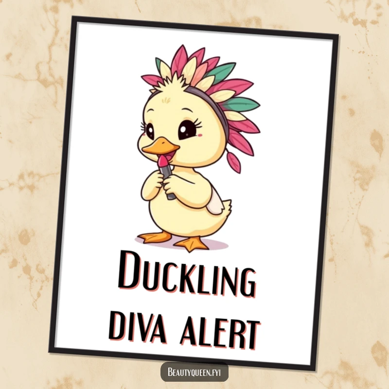 Funny duckling in a feathered headdress with lipstick, showcased as vibrant wall art, bringing joy and humor.
