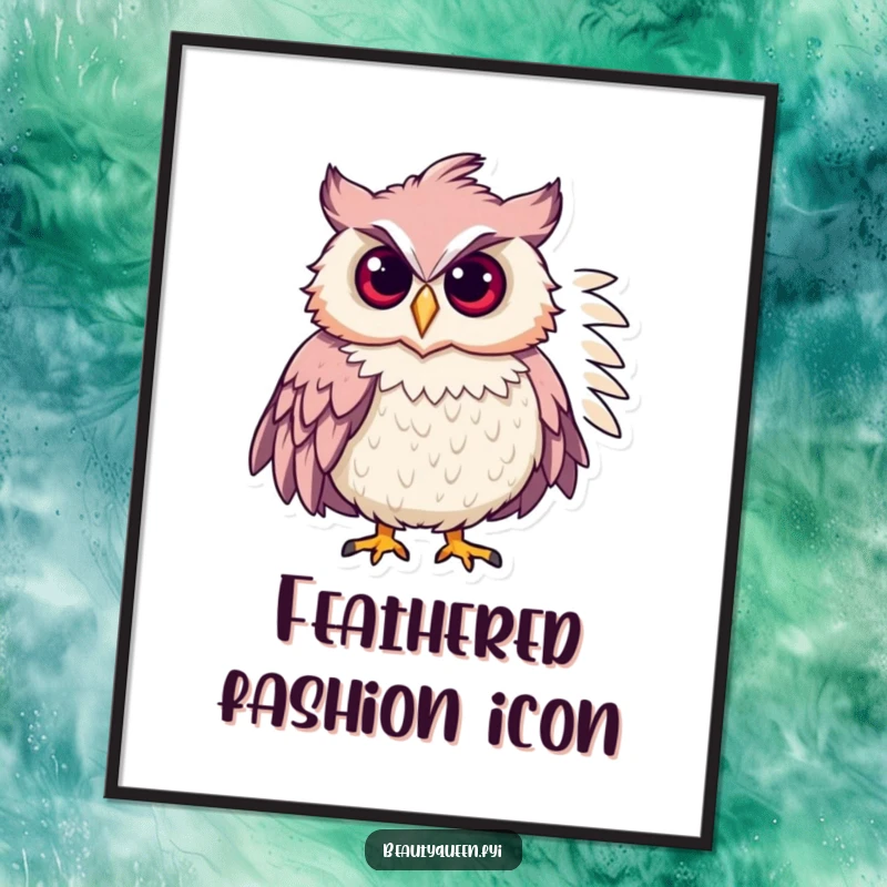 Funny chic owl wearing a feathered boa, striking a confident, fashionable pose on a decorative poster.