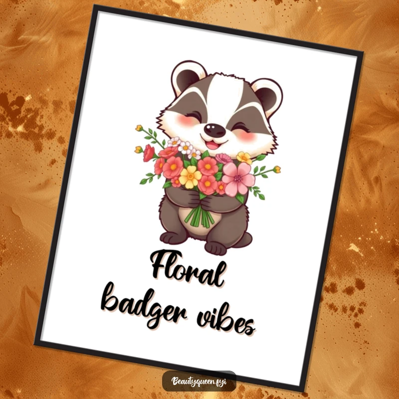 Funny Poster: A radiant badger proudly displays a lovely flower bouquet, ideal for wall decor.