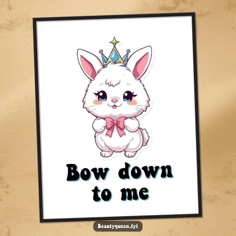Funny bunny poster showing a fluffy bunny wearing a sparkly crown and striking a playful pose with a bow.
