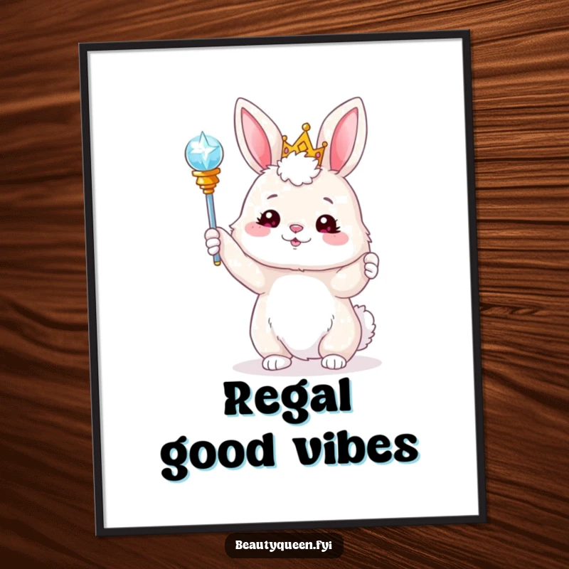 Funny fluffy bunny wearing a tiara, high in the air with a sparkling scepter tossed playfully. A whimsical art print for walls.