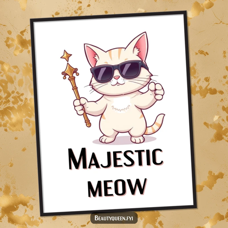 Funny cat poster of a cartoon cat wearing sunglasses and holding a scepter, striking a dramatic pose for cool wall decor.