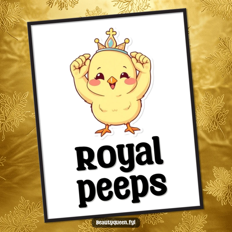 Funny poster art of a cheerful chick adjusting a miniature tiara, conveying regality and happiness with a comical twist.