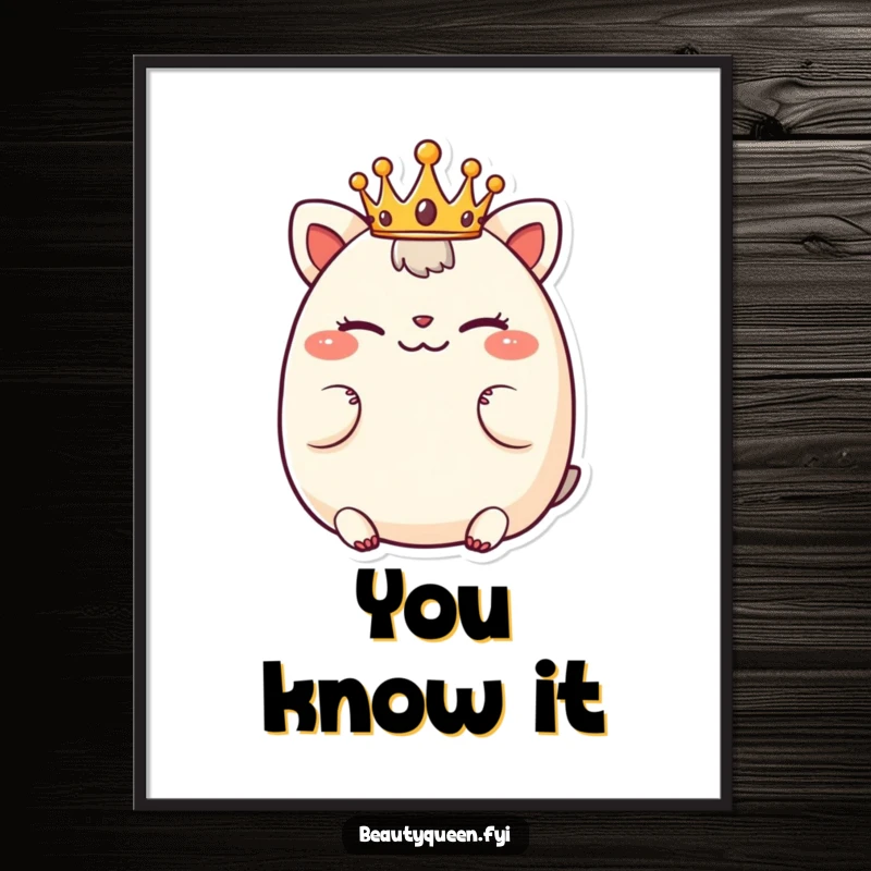 Funny poster of a chubby animal character wearing a tiny crown, winking playfully, adding a touch of whimsical charm.