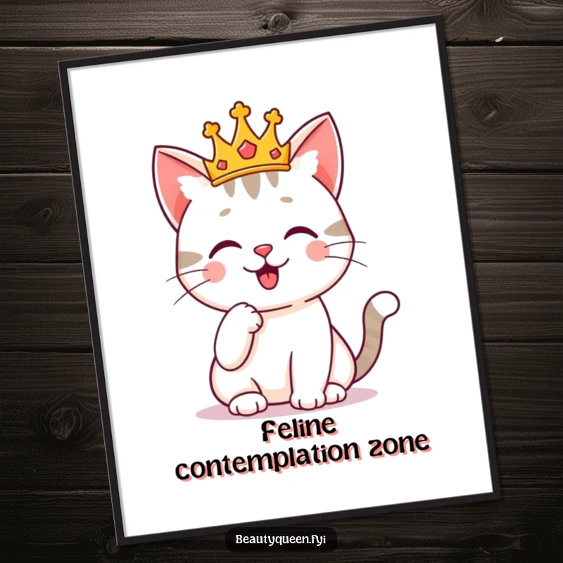 Funny cat wearing a tiny crown, striking a thoughtful pose with a paw on its chin. A humorous regal illustration for wall art.