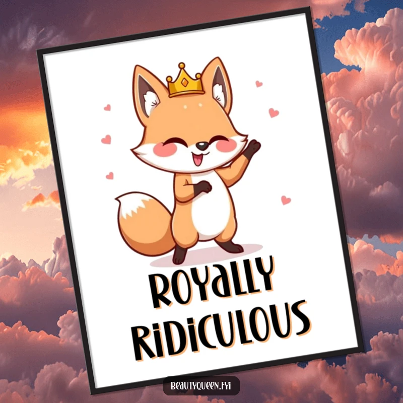 Funny fox poster depicting a goofy fox with a tilted crown, performing a whimsical dance, perfect for adding playful decor.
