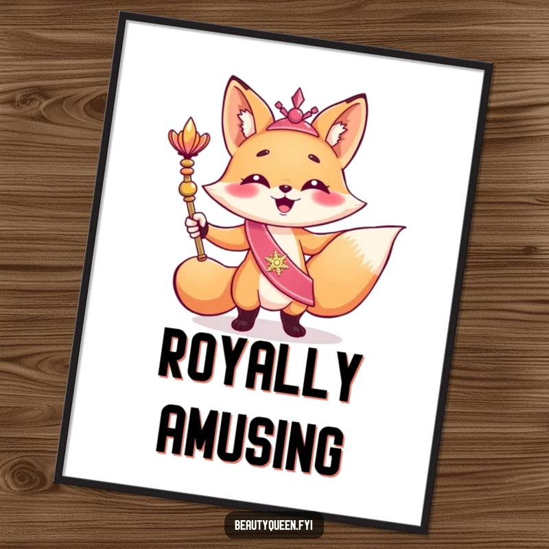 Funny poster showing a giggling fox in a shimmering sash, triumphantly posing with a scepter, exuding regal humor and sheer delight.