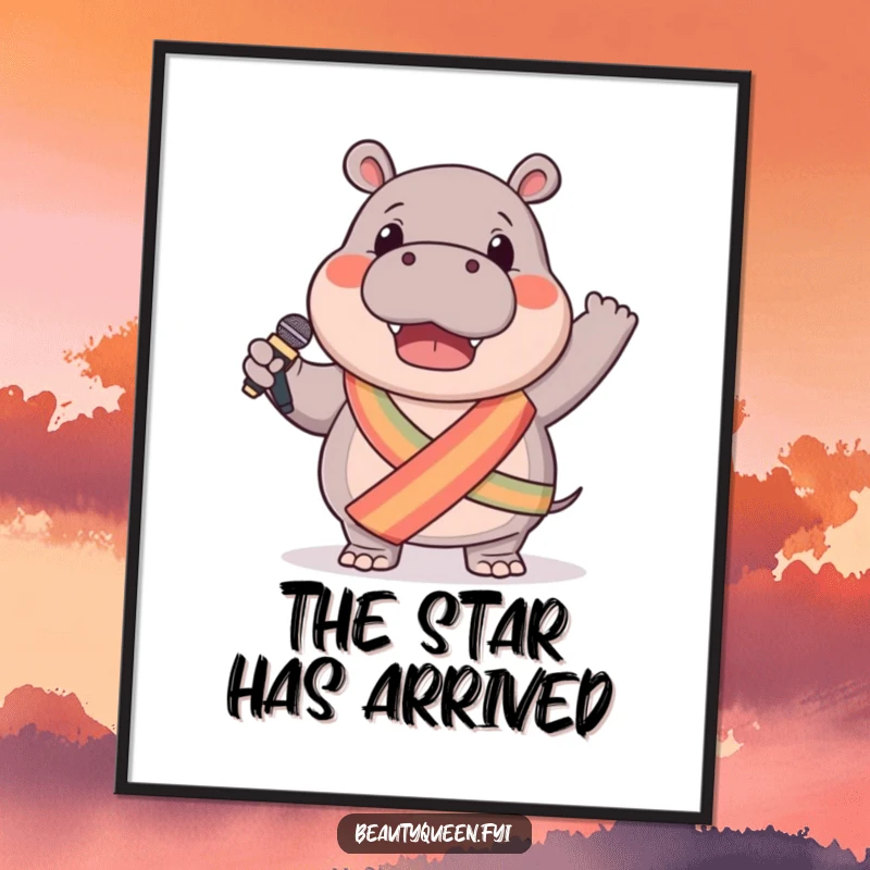 Funny hippo poster of a gentle hippo in a sash, enthusiastically waving a microphone, perfect for adding musical humor to walls.