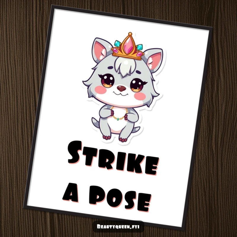 Funny poster of a whimsical animal character wearing a jeweled crown, striking a powerful and confident pose.