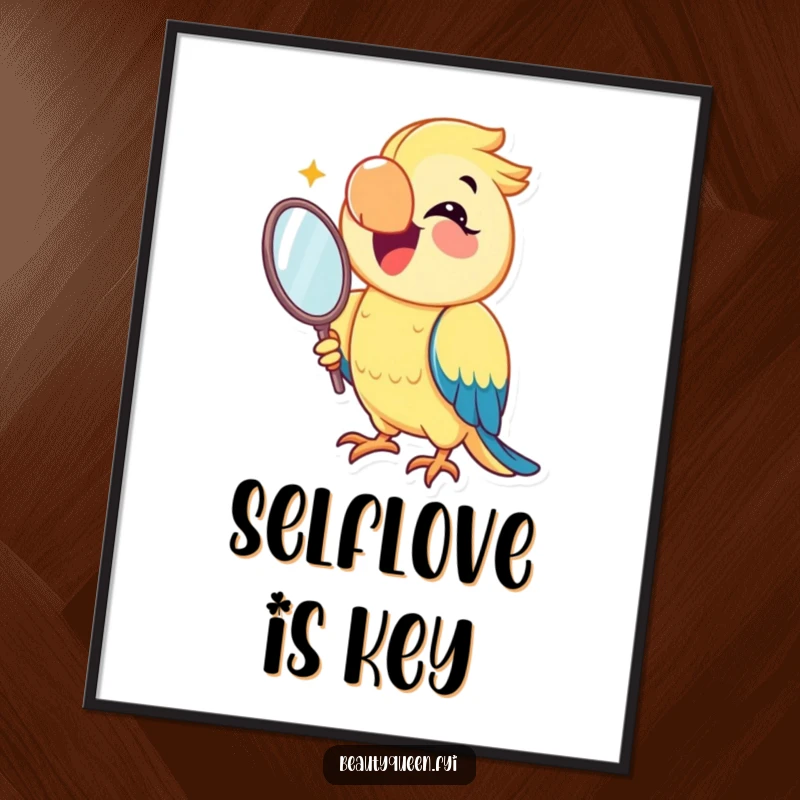 Funny parrot poster with a joyful parrot flashing a dazzling smile while holding a mirror, adding vibrant, humorous, and self-appreciative art.
