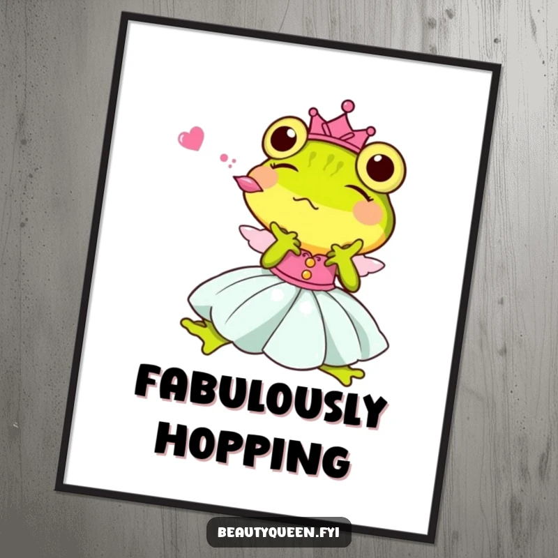 Funny Princess Frog Poster, a joyful frog royalty in a gown, captured mid-kiss, bringing humor to wall art.