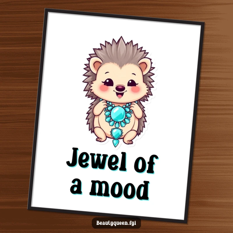 Funny poster art of a smiling hedgehog adjusting a large, oversized jeweled necklace.