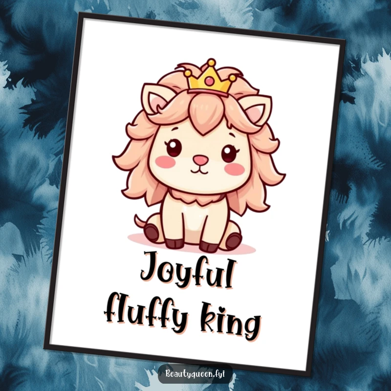 Funny poster art of a cheerful animal with an abundant fluffy mane and a tiny, regal crown.