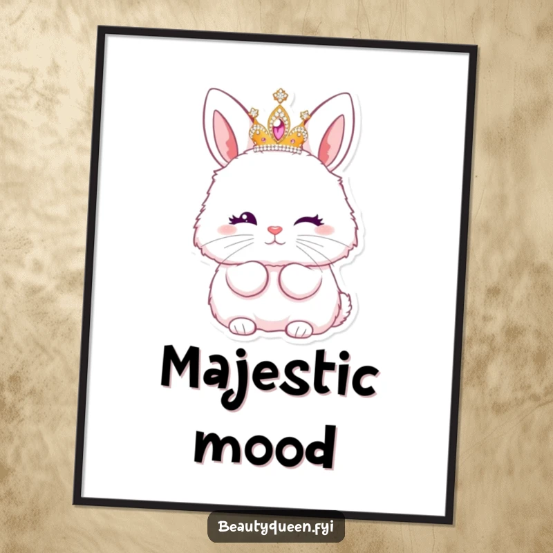Funny poster art of a fluffy bunny princess in a sparkling tiara, winking and sending a kiss.
