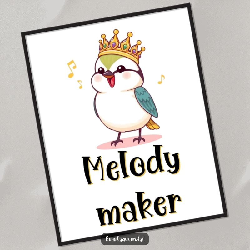 Funny Chickadee Poster: A charming chickadee adorned with a royal headdress sings a happy tune, bringing royal humor to your decor.