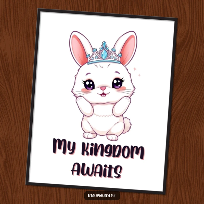 Funny bunny poster featuring a fluffy rabbit in a sparkly tiara, striking a proud, artistic pose, adding regal humor to any room decor.