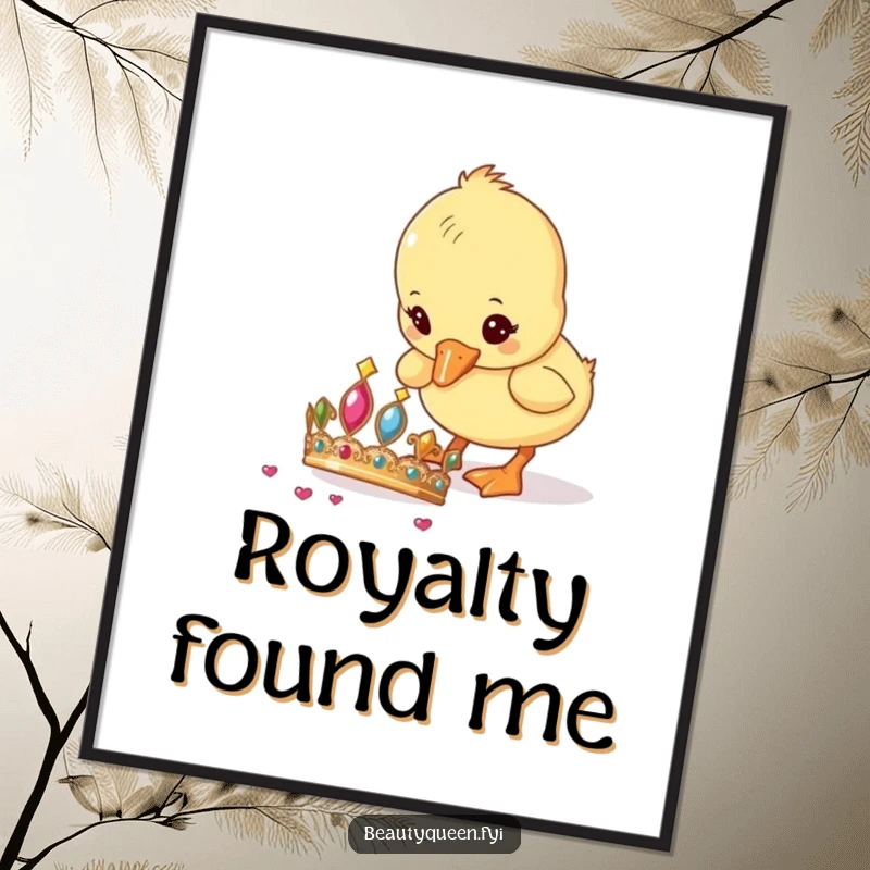 Funny Poster art depicting a small, curious duckling pecking at a fallen, sparkling tiara, creating a humorous and adorable scene.