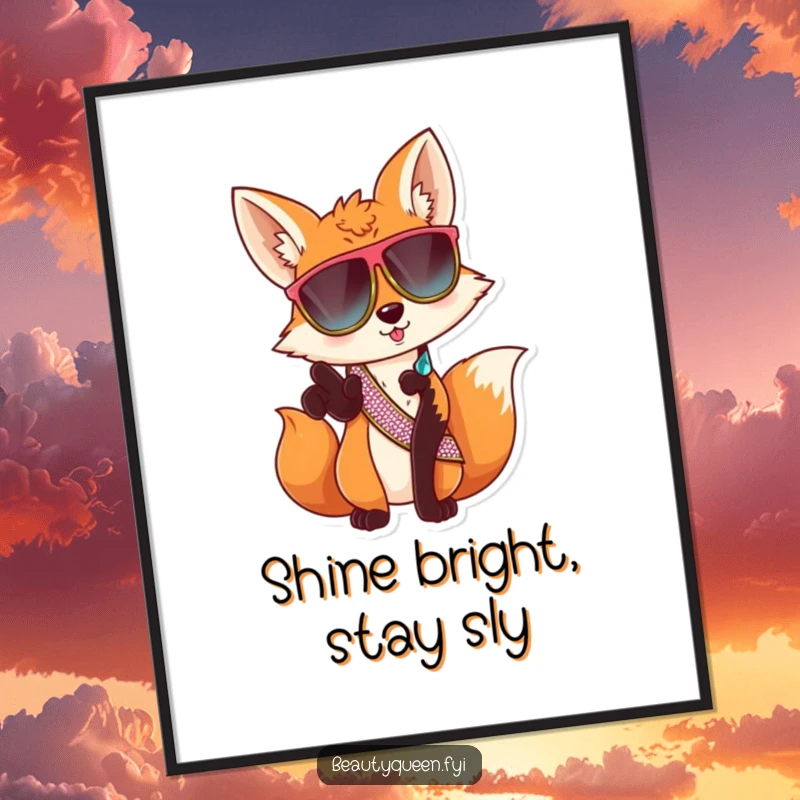 Funny fox sunglasses poster, sassy animal artwork, pointing paw forward with swagger, bold and humorous wall decor. A funny gift.