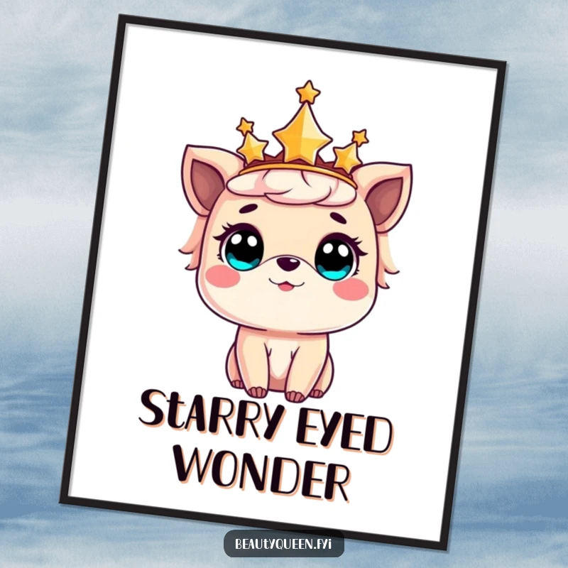 Funny poster featuring a sweet animal wearing a crown sparkling with stars, eyes wide with sheer amazement.