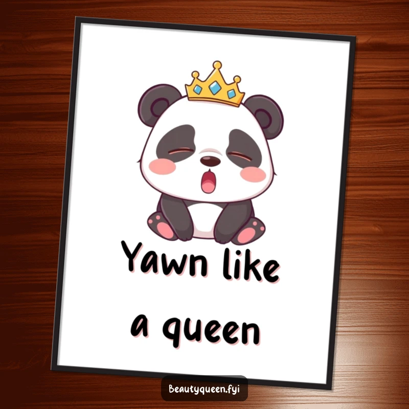 Funny Panda Poster: Artistic print of a sleepy panda wearing a tiara, caught in a wide yawn with closed eyes, exuding peacefulness.