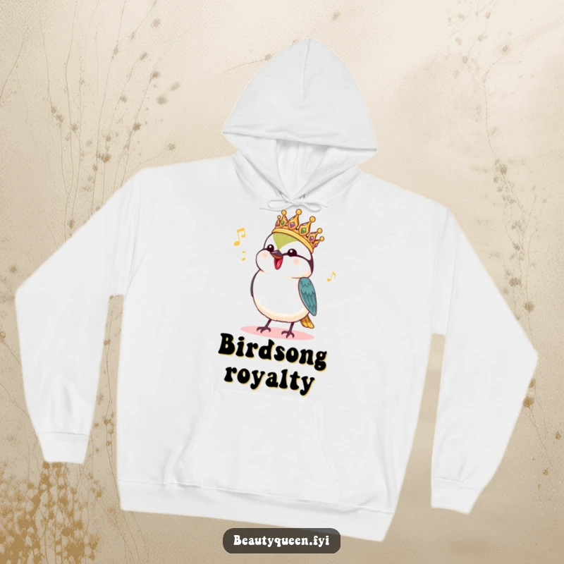 Funny Chickadee Hoodie: A charming chickadee wearing a royal headdress happily chirps a tune, radiating cute and funny royalty.