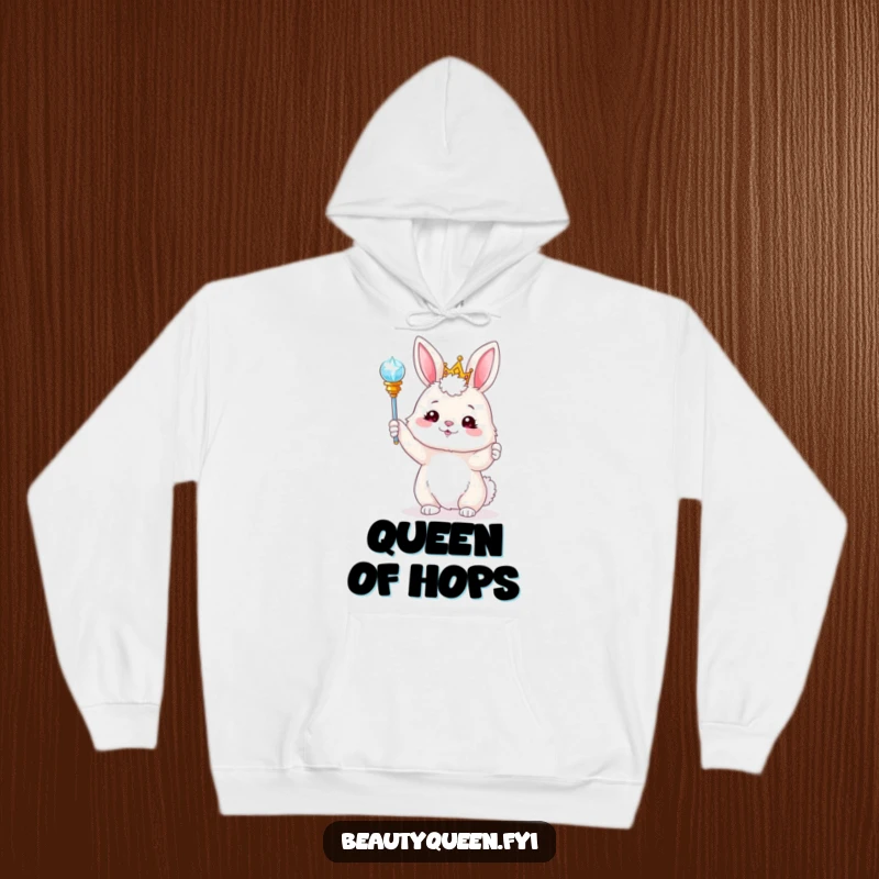 Funny bunny wearing a tiara, playfully tossing a sparkling scepter, designed for a cozy, humorous hoodie. Whimsical character art.