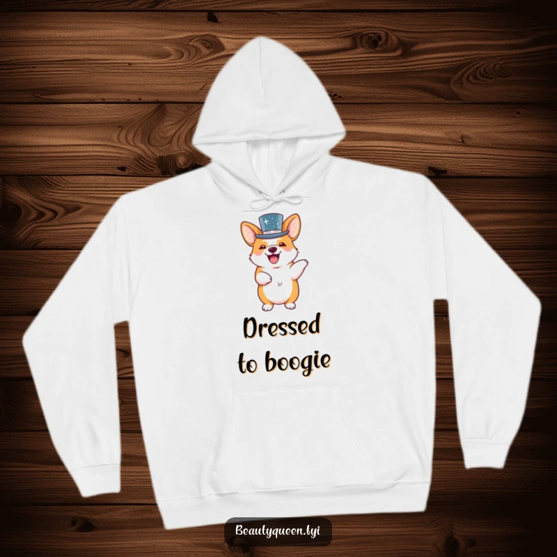 Funny corgi in a glittery top hat doing a happy dance on a comfortable and warm hoodie.