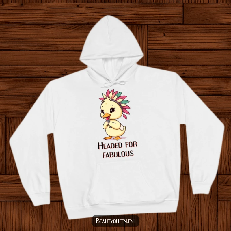 Funny duckling in a feathered headdress holding a lipstick, looking glamorous on a cozy, warm hoodie.