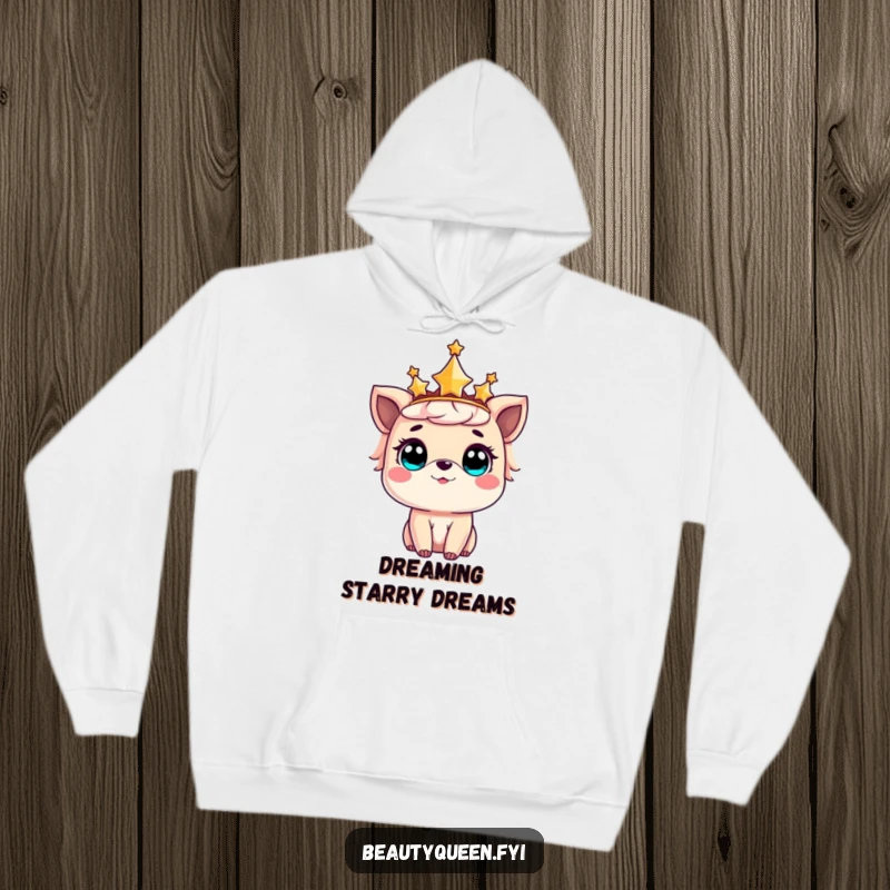 Funny hoodie showing a sweet animal adorned with a star crown, gazing upward in complete amazement.