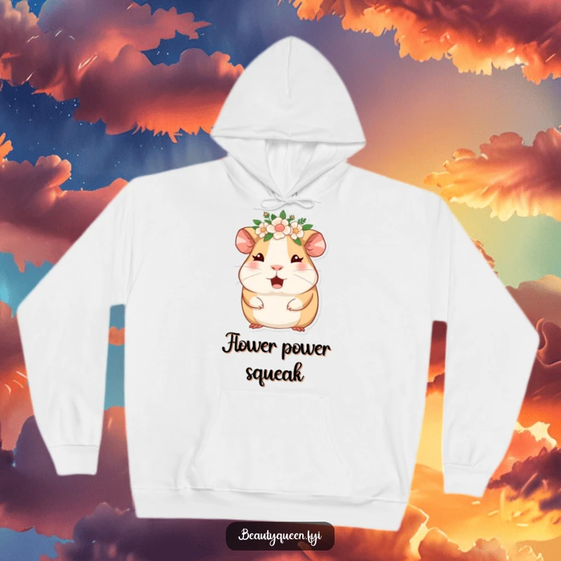 Funny guinea pig wearing a floral crown, winking and giggling, featured on a warm and cozy hoodie. Adorable and humorous.