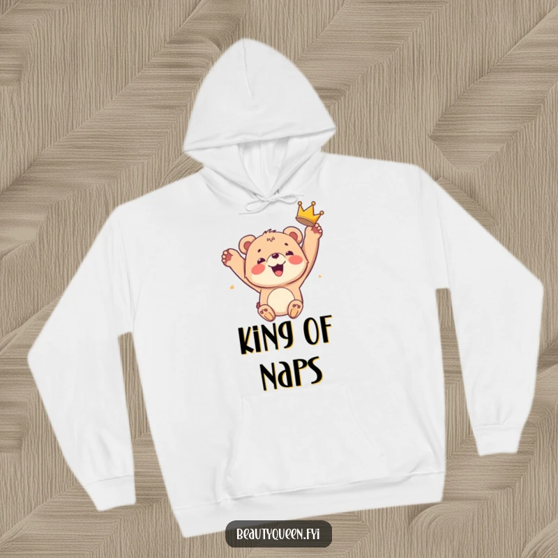 Funny bear cub hoodie showing a smiling cub joyfully tossing a crown, offering cozy comfort and hilarious kingly vibes.