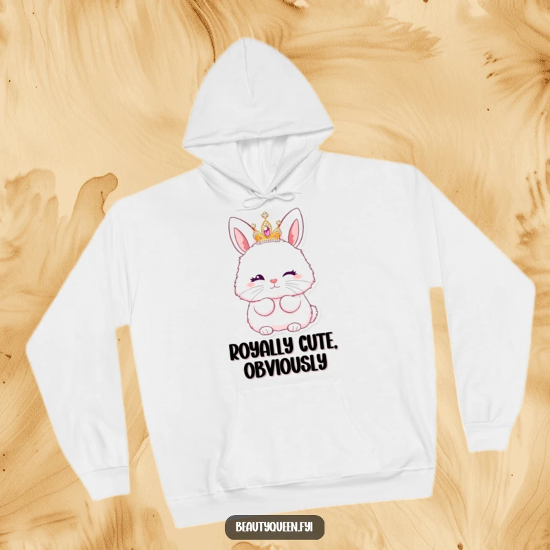 Funny hoodie featuring a fluffy bunny queen in a sparkling tiara, winking and sending a kiss.