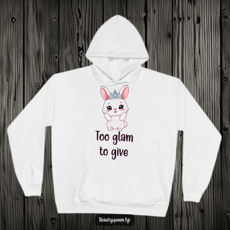 Funny bunny hoodie showcasing a fluffy rabbit in a dazzling tiara, striking a proud, majestic pose that's both cozy and hilariously royal.