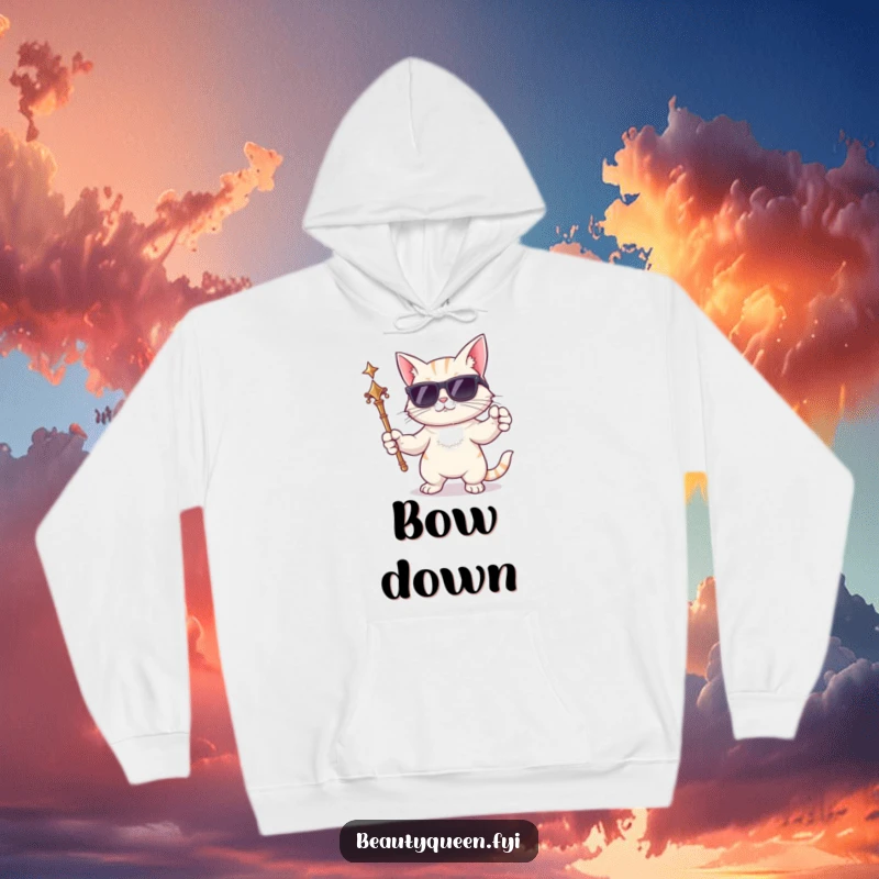 Funny cat hoodie depicting a cool cartoon cat wearing sunglasses and holding a scepter, designed for ultimate comfort and style.