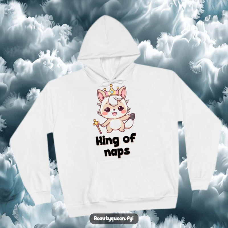 Funny hoodie depicting a smiling animal character wearing a crown and holding a scepter, exuding regal warmth.
