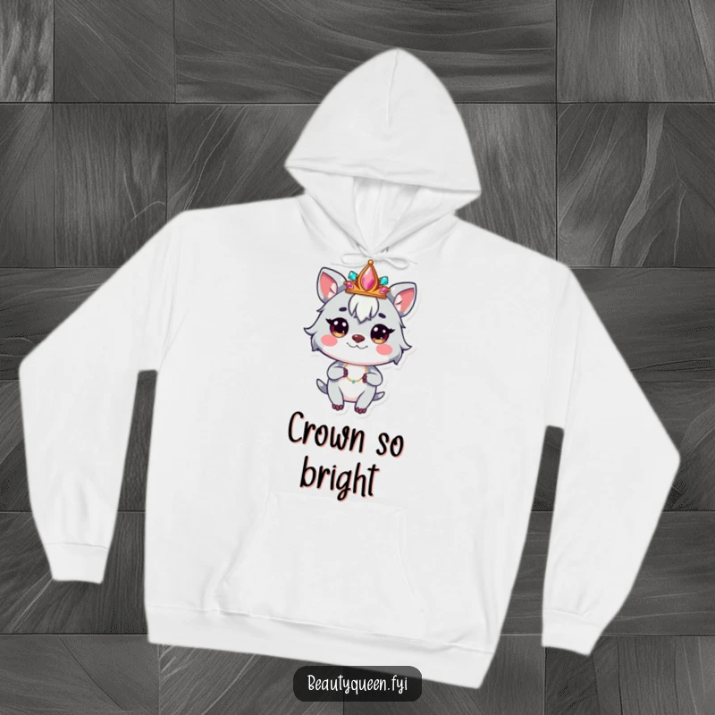 Funny hoodie depicting a whimsical animal character wearing a jeweled crown, striking a confident and stylish pose.