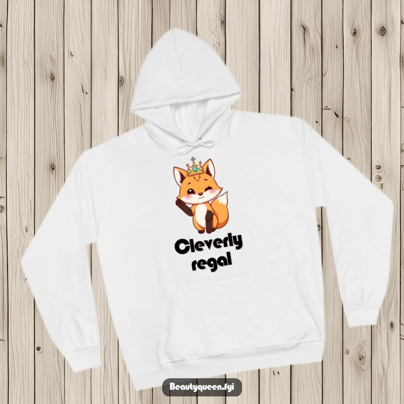Funny fox wearing a shimmering crown poses elegantly with one paw raised, on a cozy hoodie.