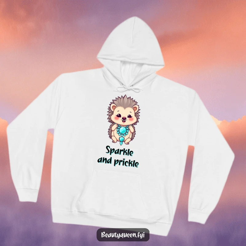 Funny hoodie with a smiling hedgehog adjusting a large, oversized jeweled necklace.