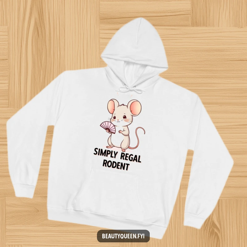 Funny mouse hoodie with a sweet, regal mouse practicing a wave with a tiny fan, offering cozy comfort and miniature sophistication.