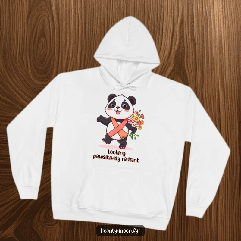 Funny panda hoodie featuring a smiling panda wearing a sash, prancing with a bouquet of flowers, perfect for cozying up.
