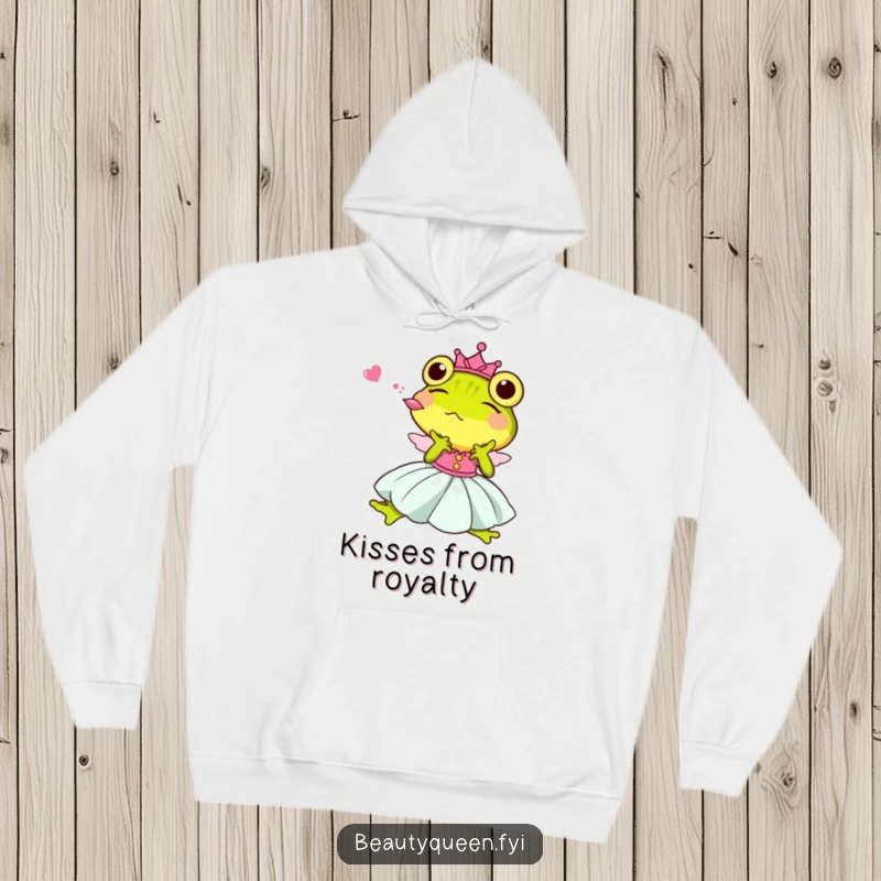 Funny Princess Frog Hoodie, a cheerful amphibian royalty in a dress, puckering up for a humorous kiss.