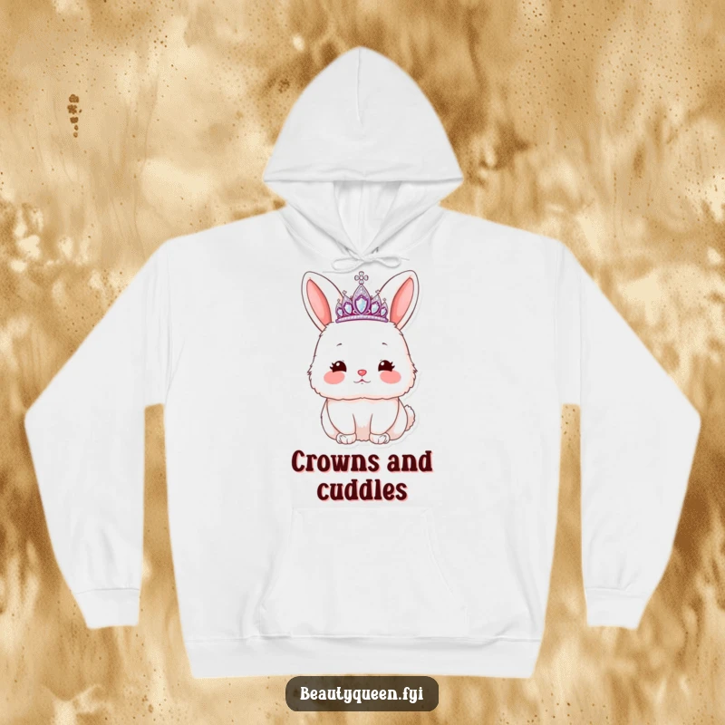 Funny rabbit hoodie featuring a fluffy bunny in a tiara, blowing a kiss with rosy cheeks, offering comfort and humor.